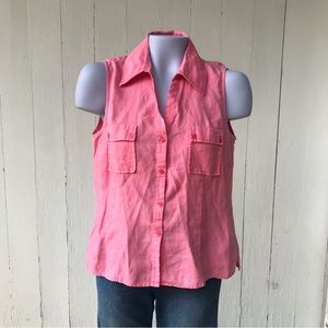 Vintage Sunny Leigh 100% Linen Pink Sleeveless Button Front Blouse Pockets Large